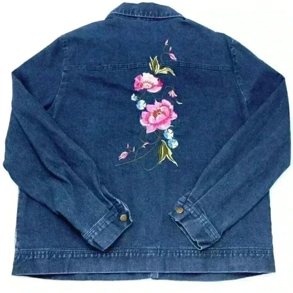 Blair Women's Large Embroidered Floral Collared Chambray Button-Up Denim Shacket - Picture 1 of 9